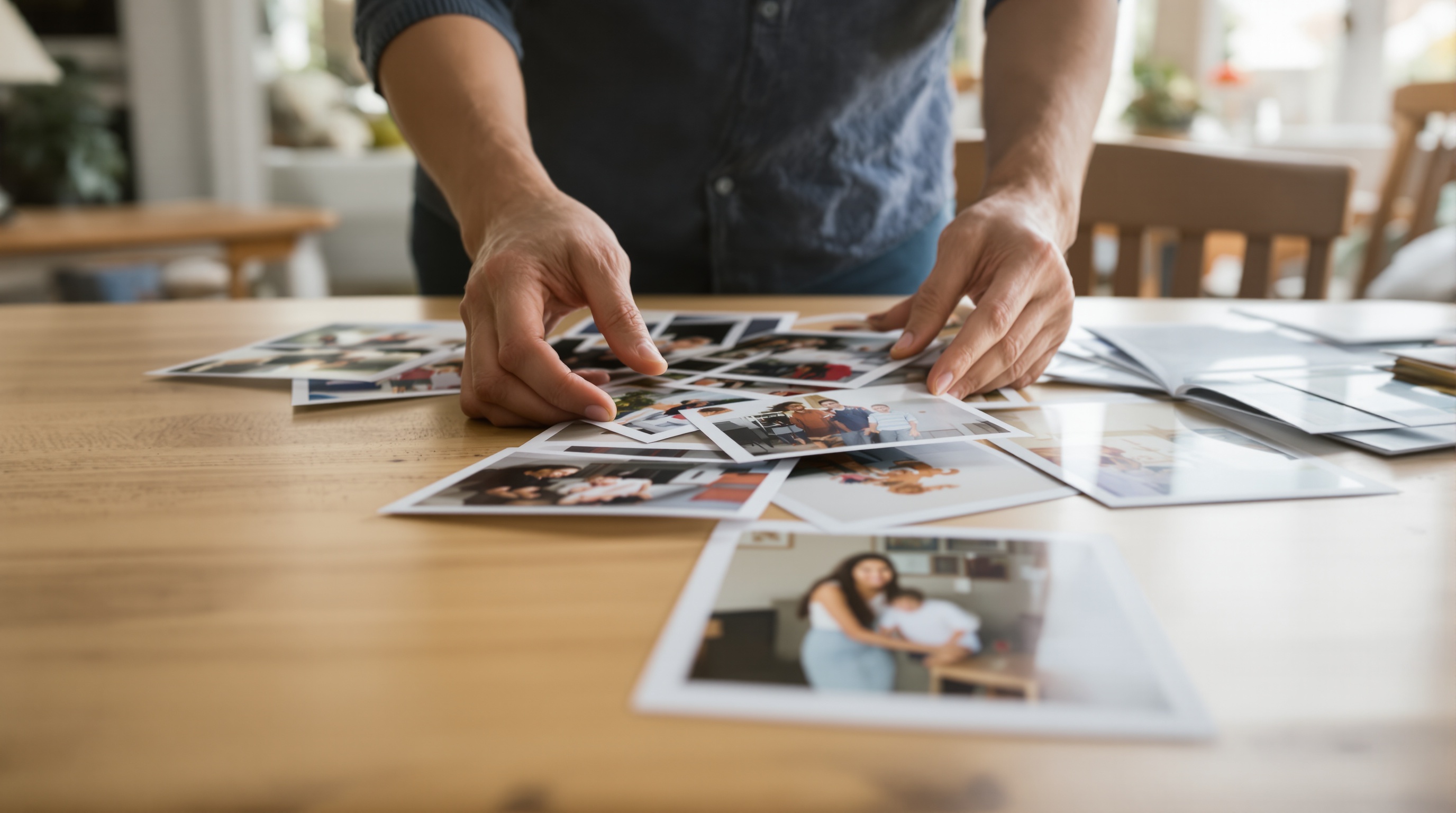 Close-up of a person's hands holding printed photos over a kitchen table, natural overcast light from a nearby window, shot on Sony A7III with 85mm f/1.8, soft focus background showing family room, muted warm color grading