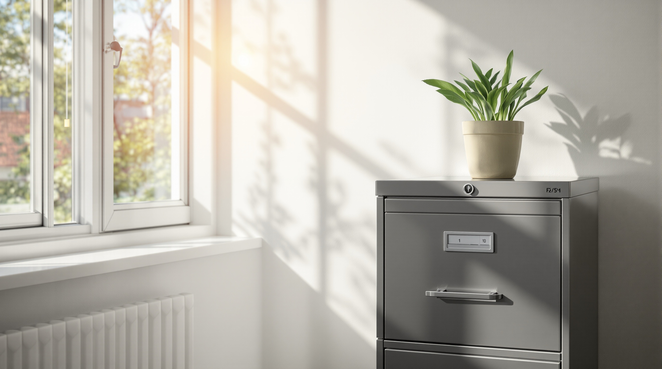 A locked filing cabinet in a sunlit office with a small potted plant on top, symbolizing data security