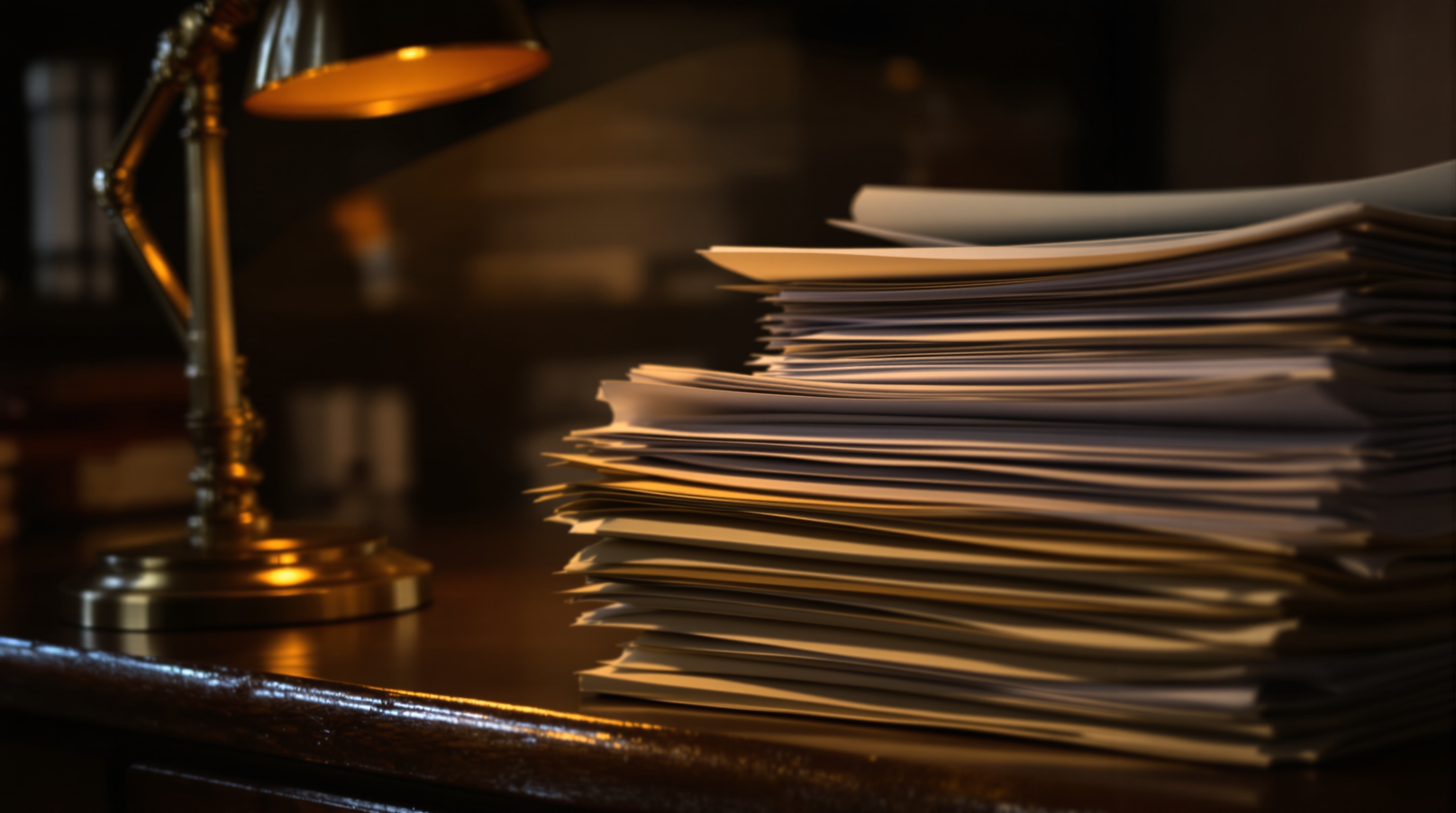 A stack of legal documents and folders on a wooden desk with a brass desk lamp casting warm light