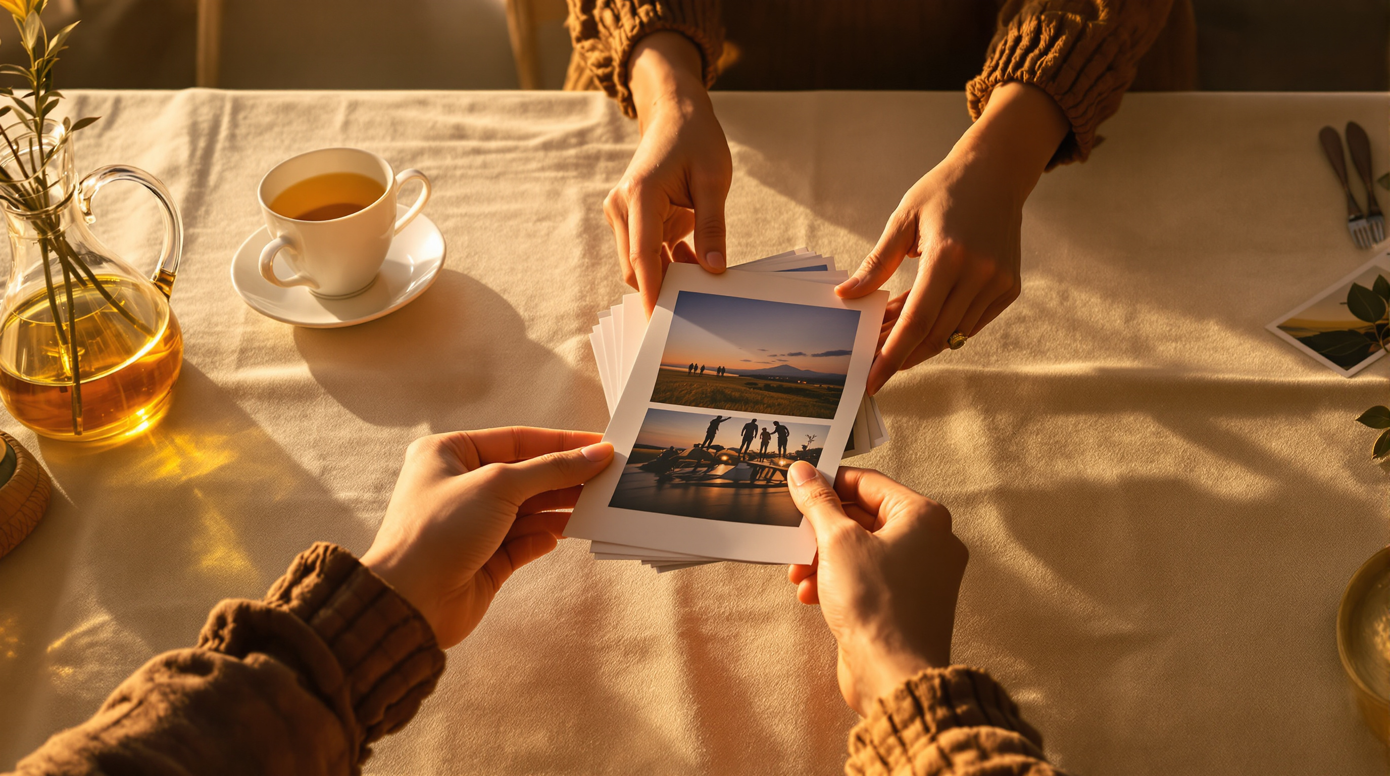 Two people passing a small stack of photographic prints across a linen tablecloth in golden-hour light