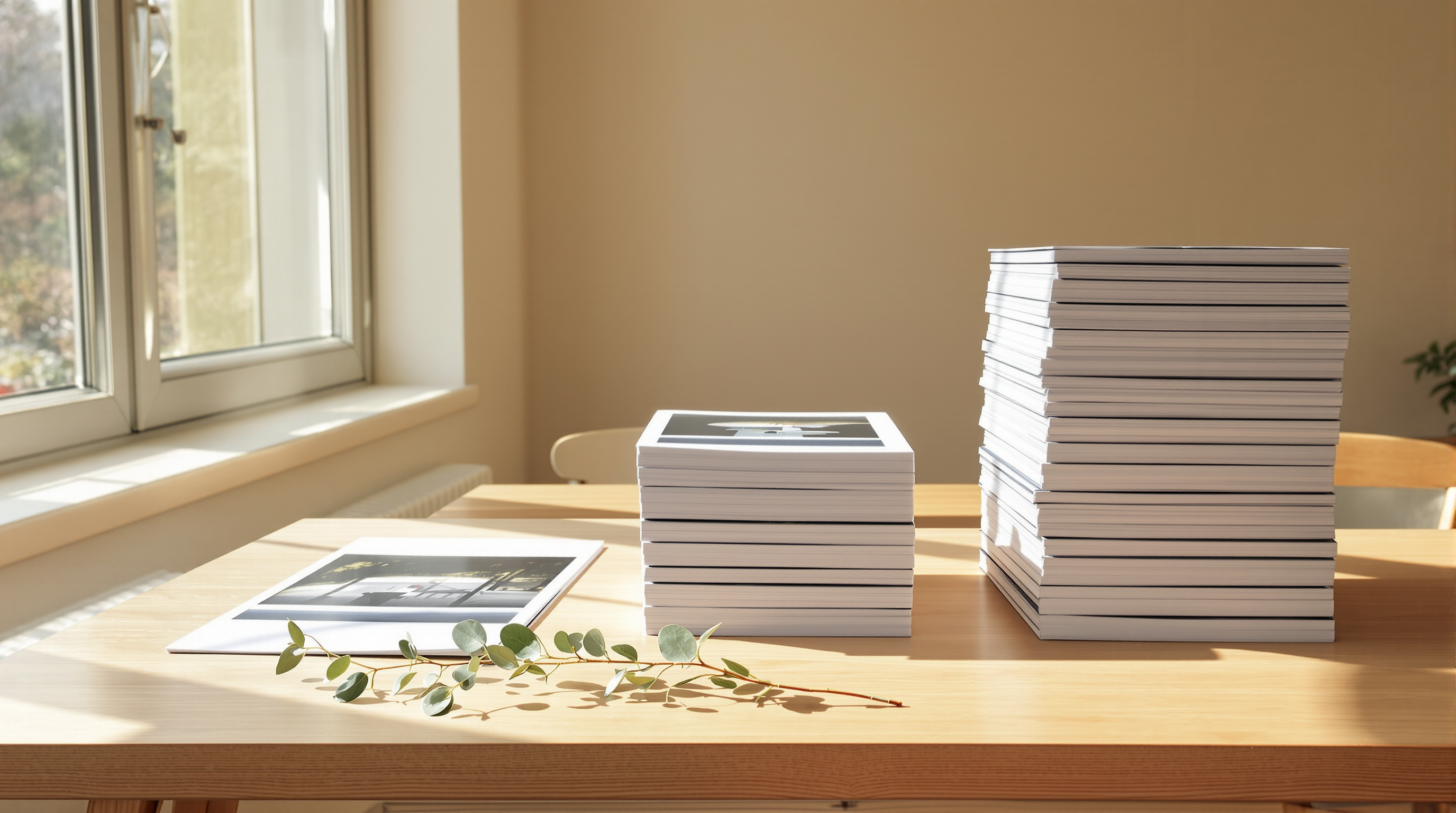 One photographic print lying flat beside a medium stack and a much taller stack on a sunlit wooden table