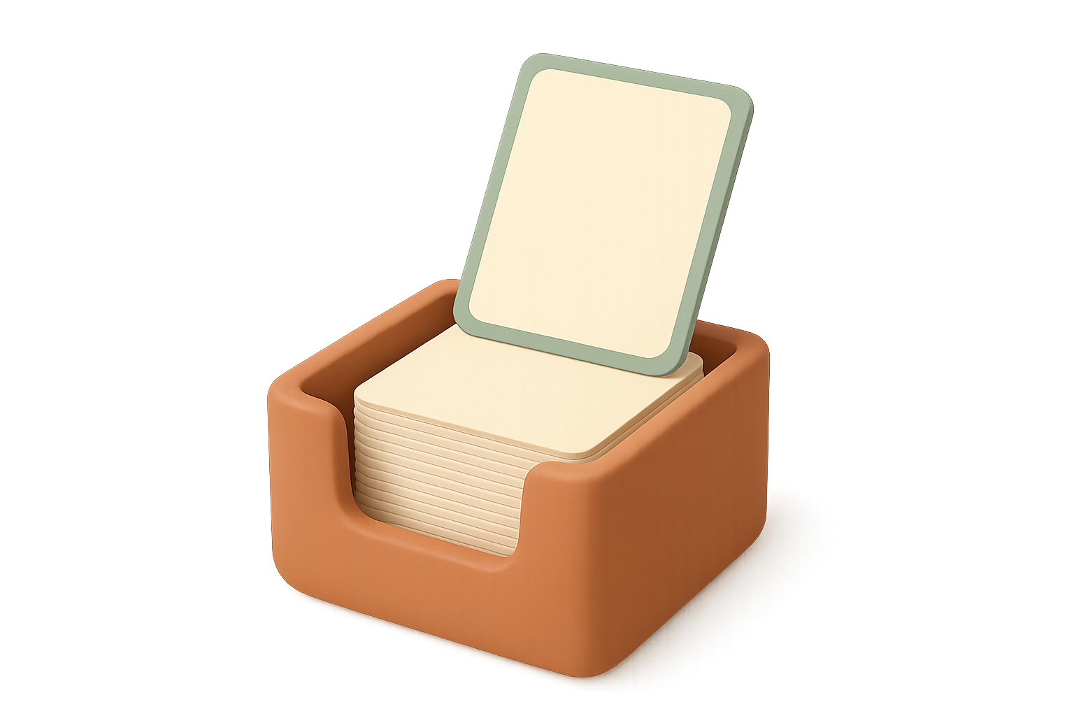 An illustration of a chunky terracotta box holding a stack of cream picture cards, with one card lifting clear of the top