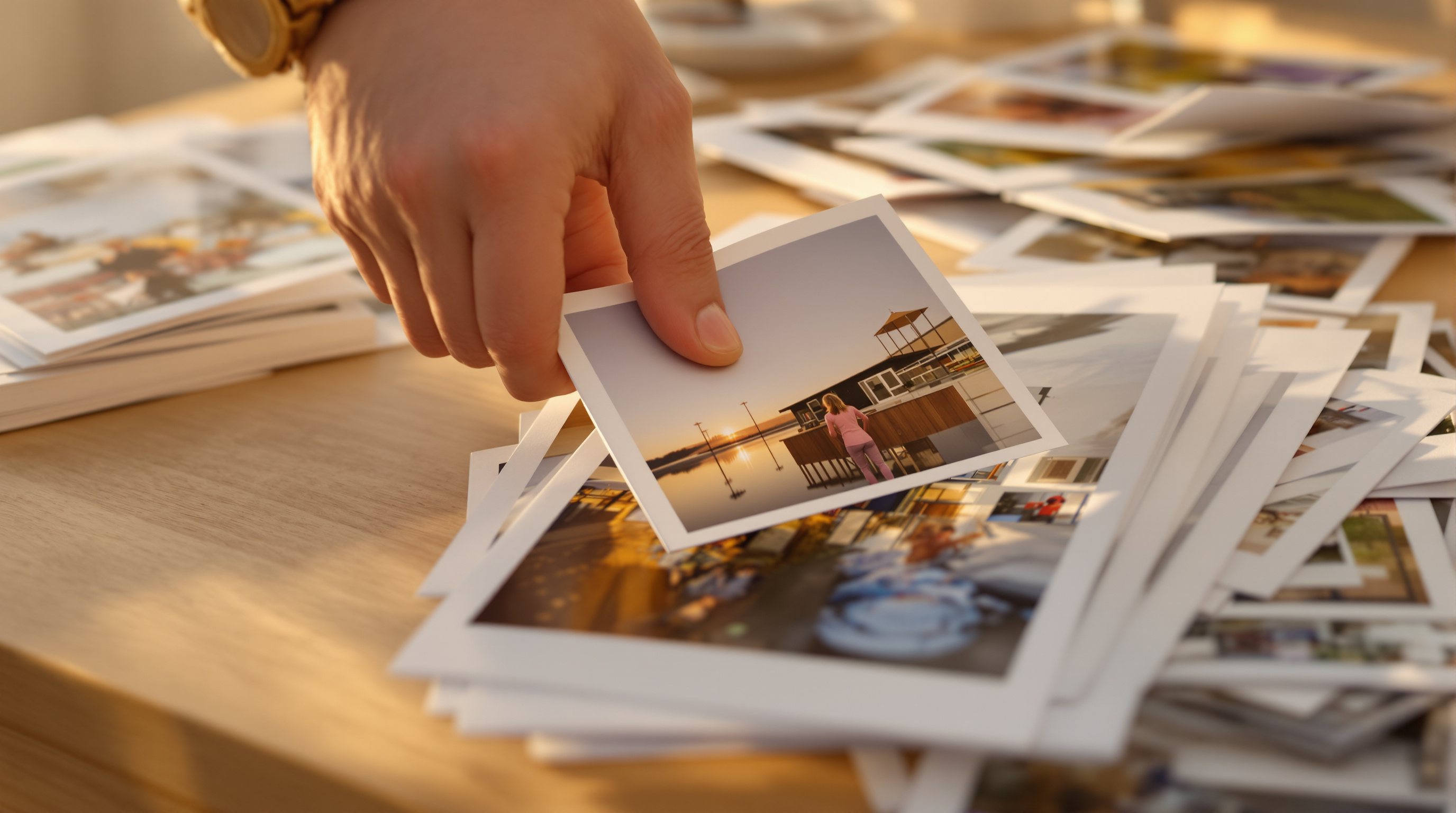A hand lifting one photographic print from a sorted pile on a warm wooden table in golden evening light