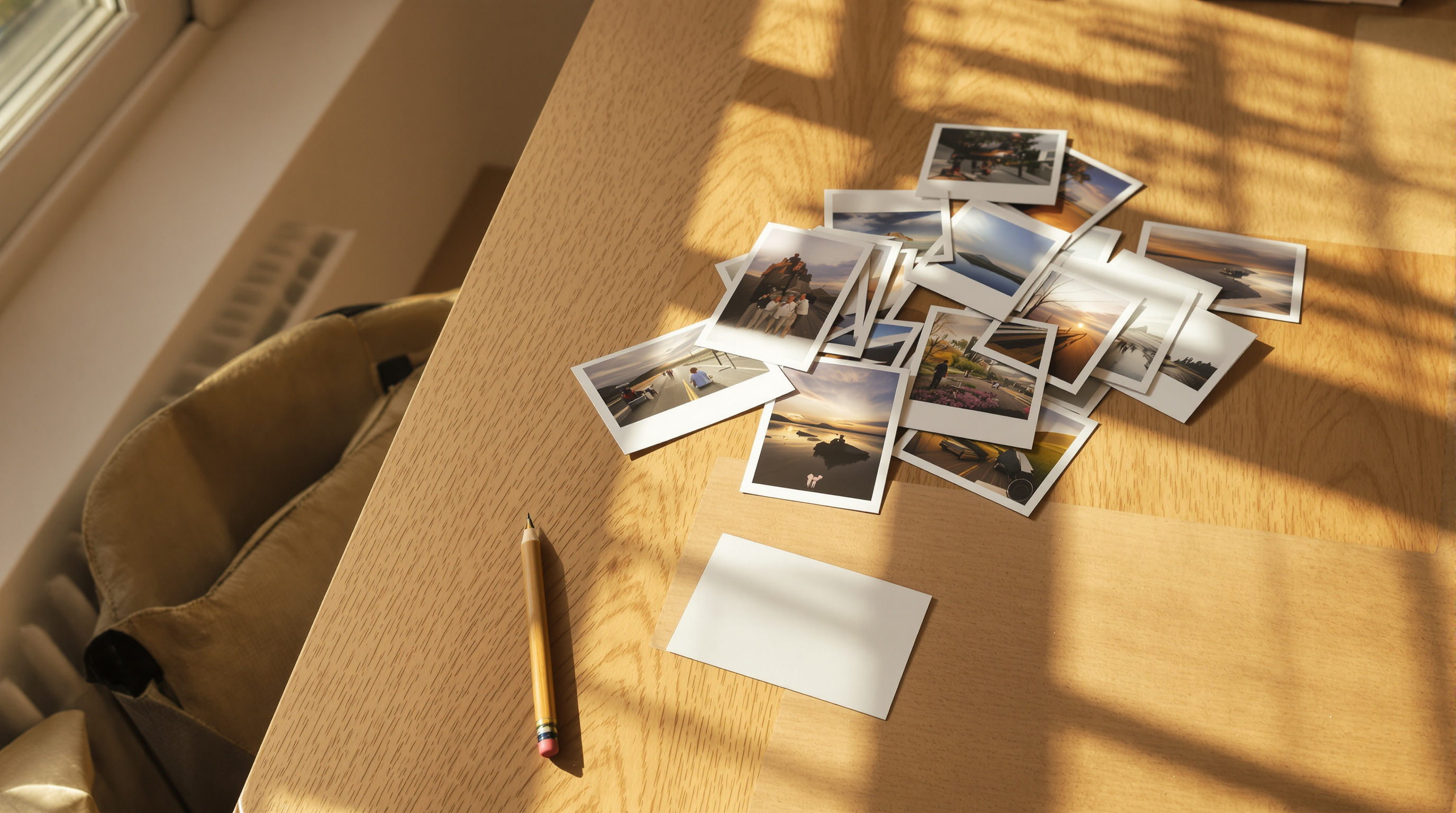 Photographic prints spread across a sunlit oak table, one turned face down beside a pencil