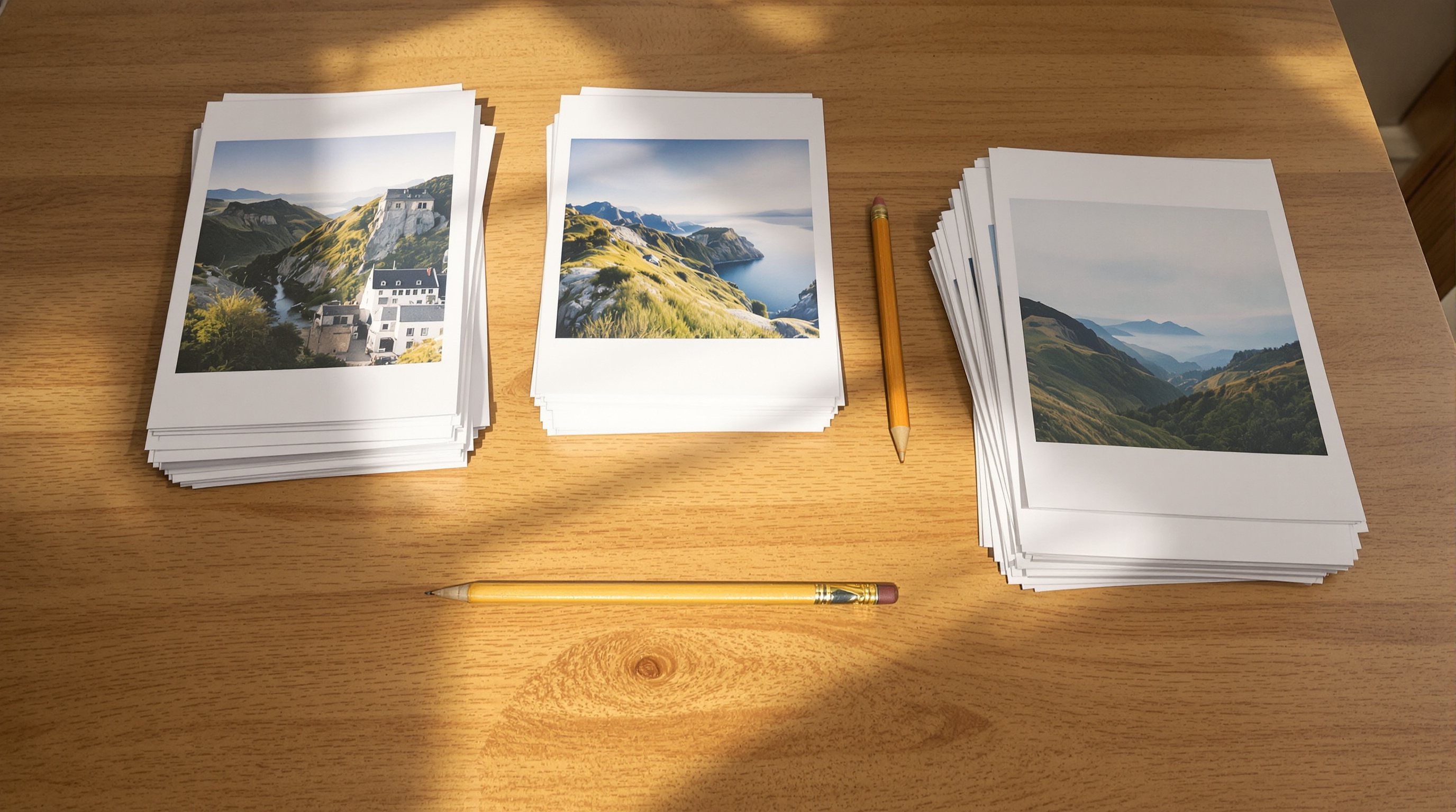 Photographic prints sorted into three small piles on a warm wooden table beside a pencil