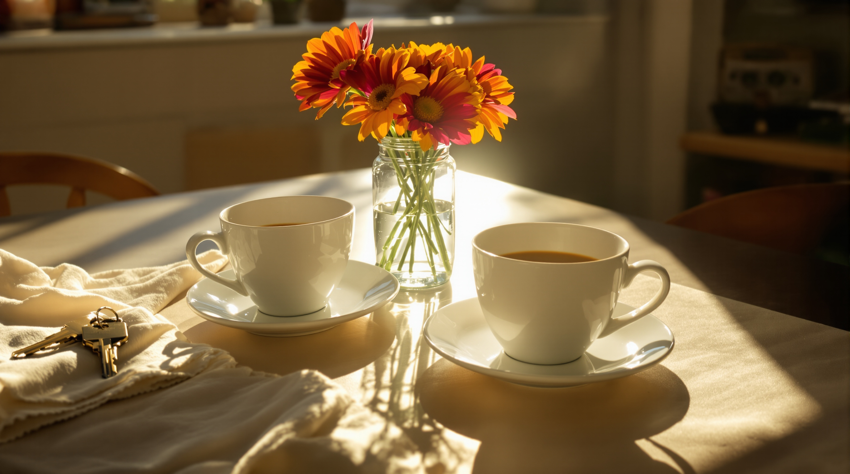 Two coffee cups and a small vase of cosmos flowers on a sunlit kitchen table, late golden light across the grain