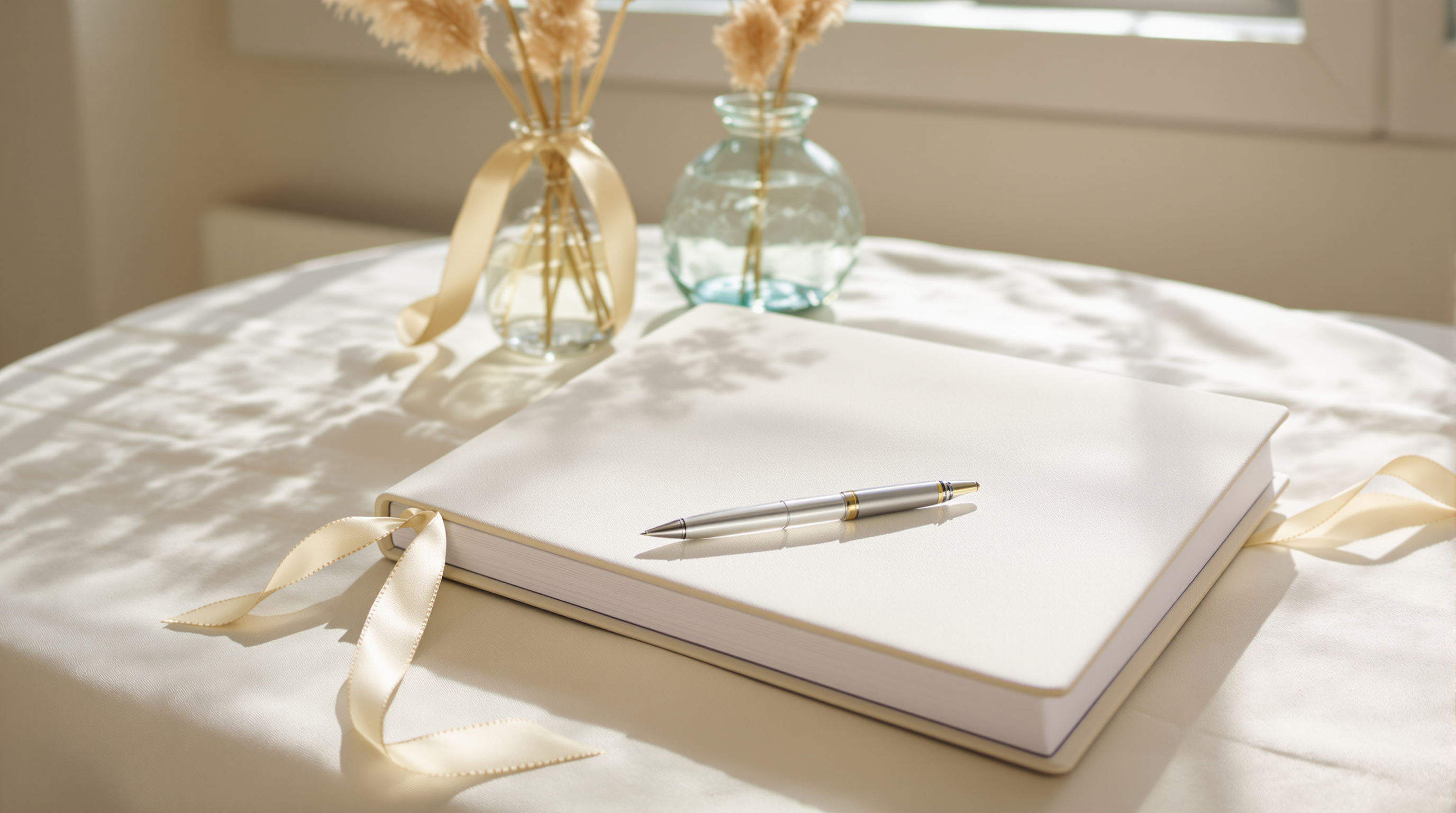 A closed linen-bound guest book with a ribbon marker and a pen resting on it, bright open shade, dried grasses behind