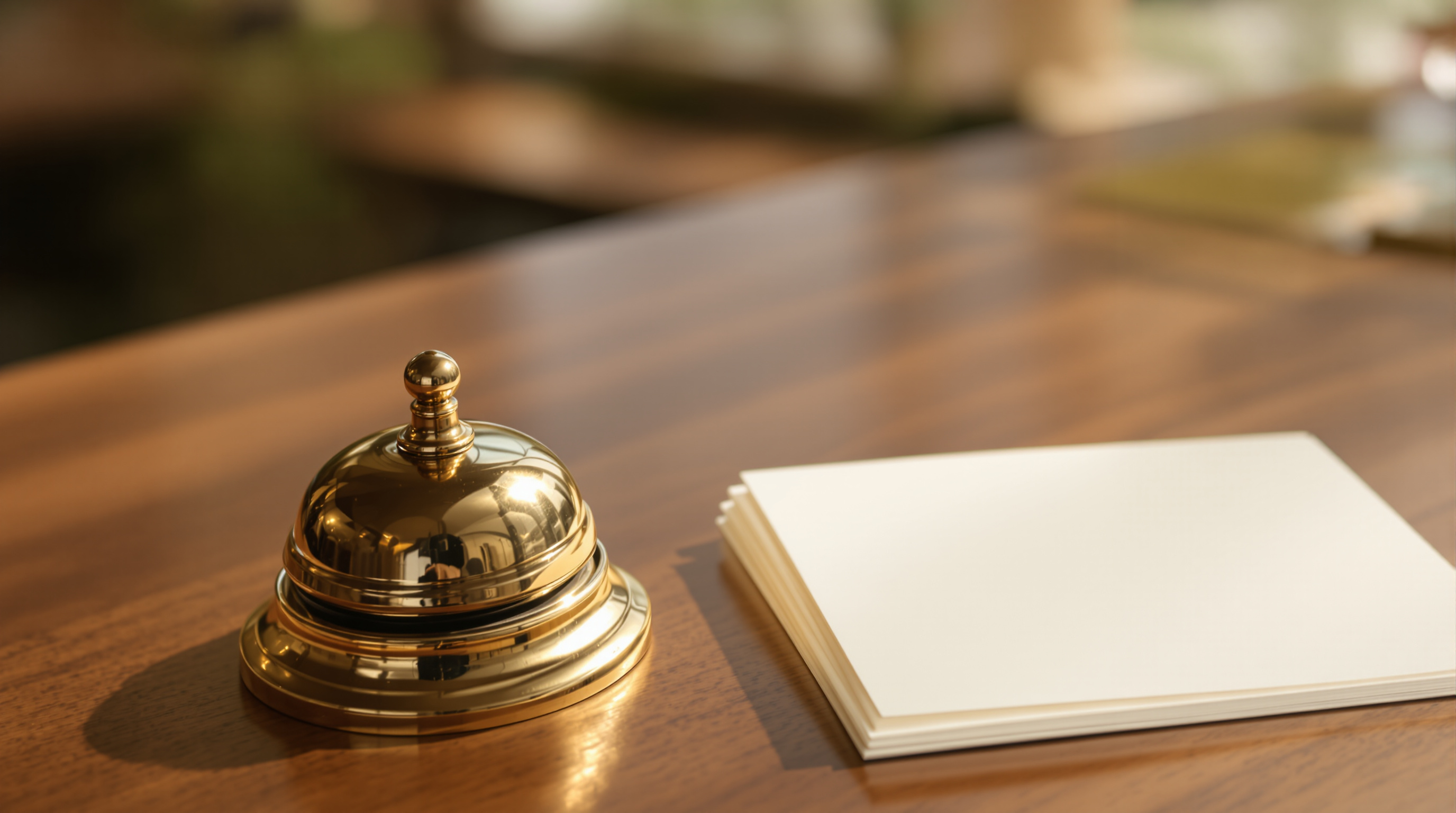 A brass hotel bell and a small stack of blank cream cards on a walnut counter in warm afternoon light