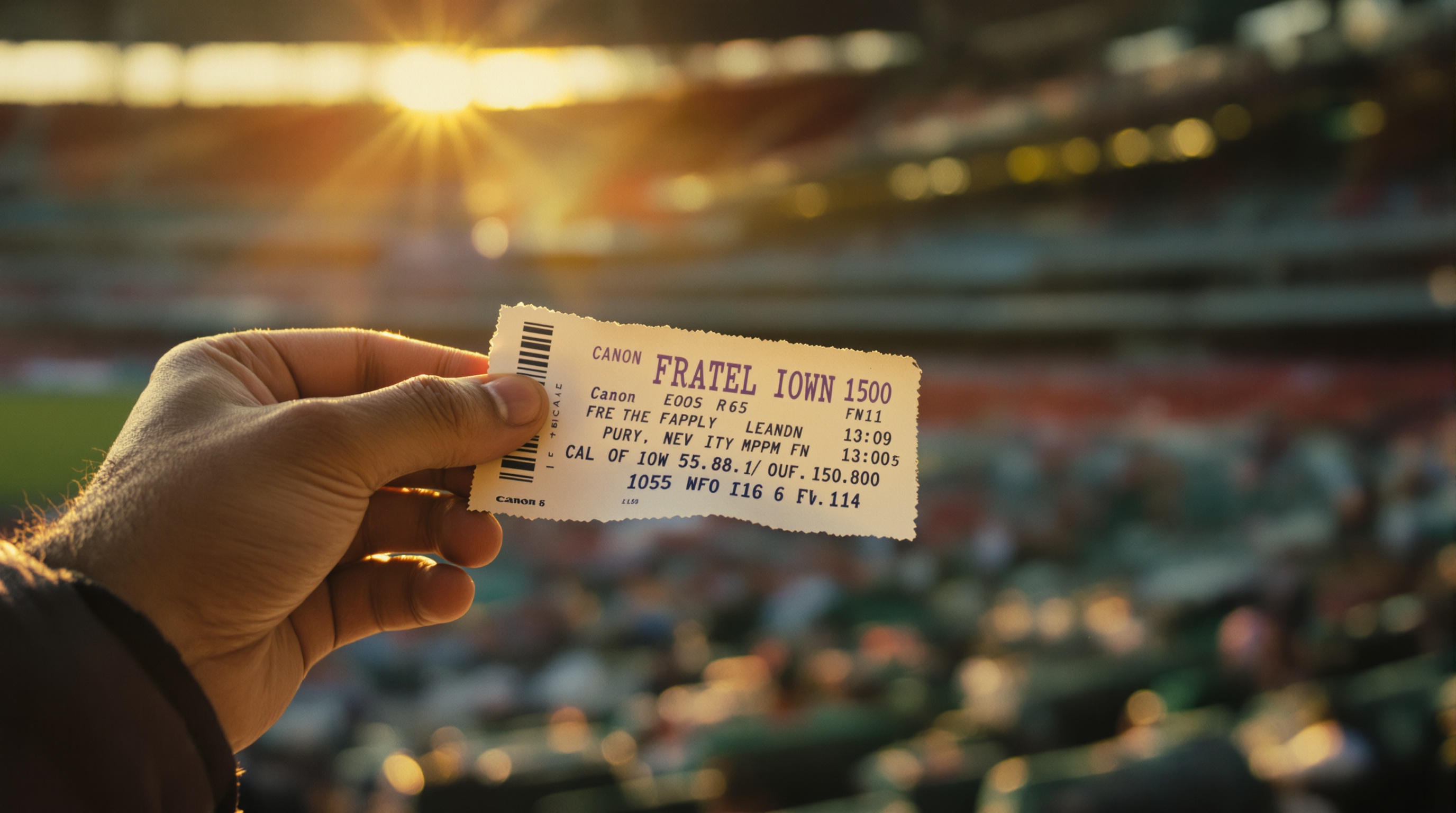 Close-up of hands holding a paper sports ticket with stadium seats blurred in the warm afternoon background
