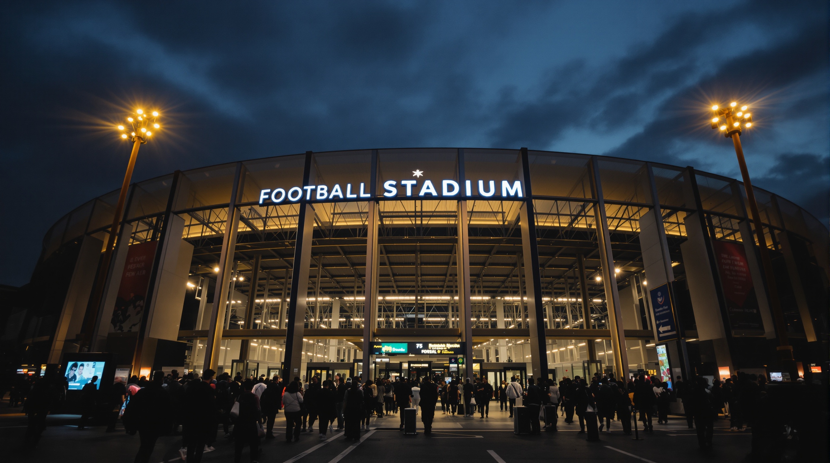 Crowds of fans streaming through modern stadium turnstiles at dusk with security cameras visible on metal posts and warm floodlights overhead
