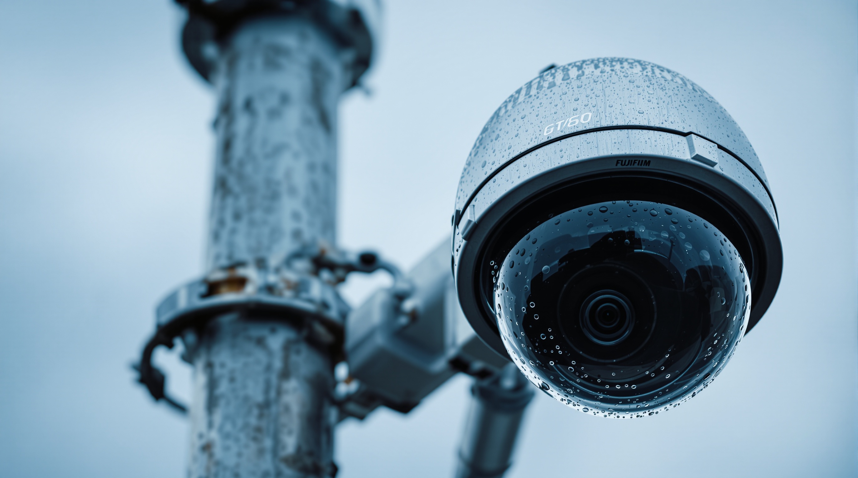 Close-up of a dome-shaped security camera mounted on a brushed steel pole against an overcast sky