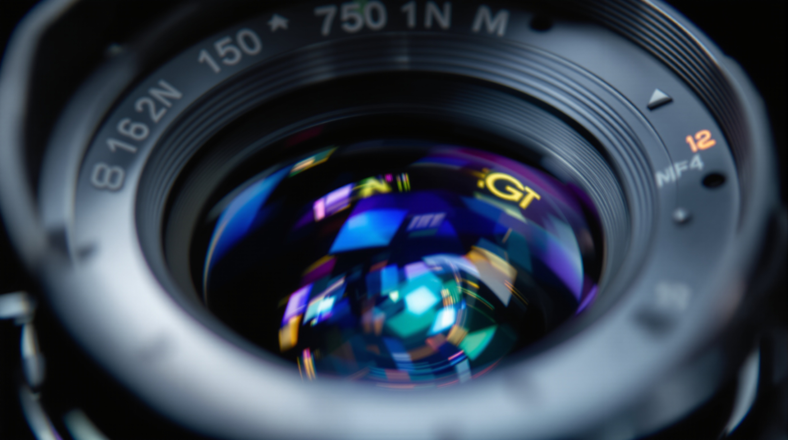 A close-up of a camera lens with reflections showing a blurred office environment
